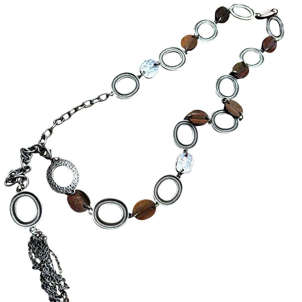 Metal & wood chain link belt ladies adjustable silvertone & brown tassel end